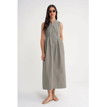 Rochie maxi -  guler cu nasturi - gri - textil