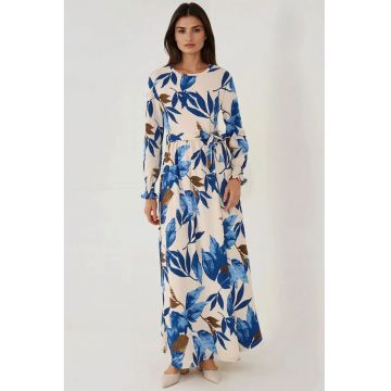 Rochie maxi -  guler rotund - maneca lunga - albastra - jerseu