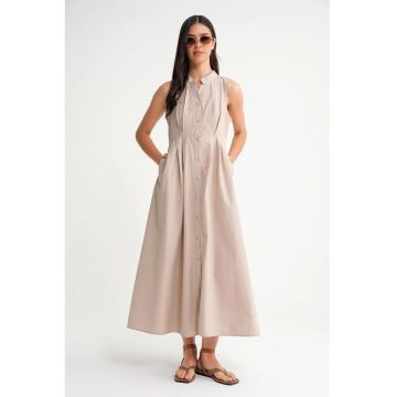 Rochie maxi -  guler tippet - cu nasturi - bej - textil