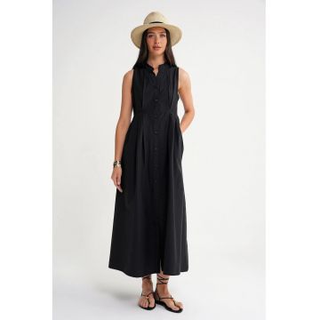 Rochie maxi -  guler tippet - nasturi - negru - textil