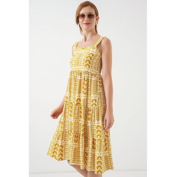 Rochie maxi - HiCCUP - imprimeu BDART - guler patrat - galben mustar - fabrica