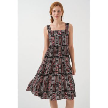 Rochie maxi - HiCCUP - imprimeu - guler patrat - negru - textil