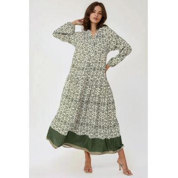 Rochie maxi -  imprimeu - guler camasa - verde - textil