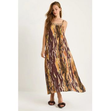 Rochie maxi -  LUCCI - imprimeu - decolteu patrat - maro - textil