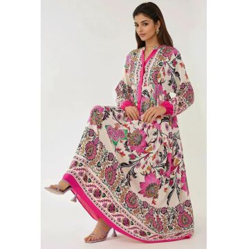 Rochie maxi  maneca lunga - imprimeu - roz - viscoza