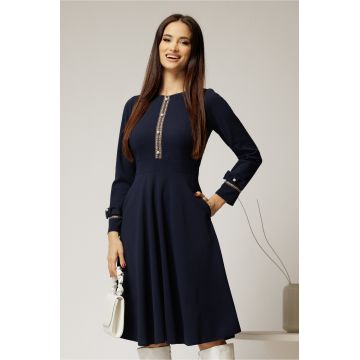 Rochie midi bleumarin din crep cu nasturi si benzi pe bust