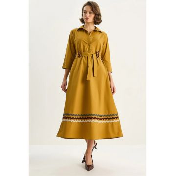 Rochie Midi -  Brodata - Galben - Textil