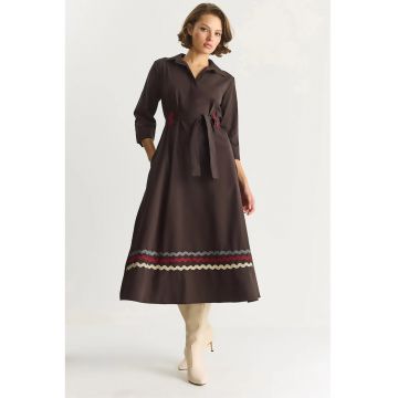 Rochie midi -  brodata - maro mocha inchis - textil