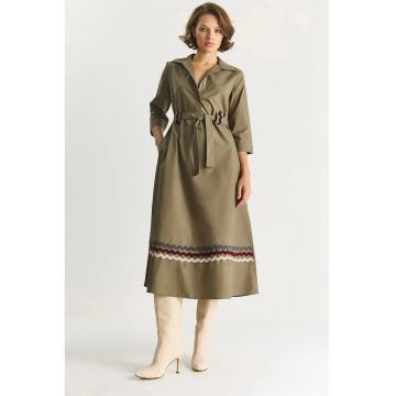 Rochie midi -  brodata - verde kaki - textil