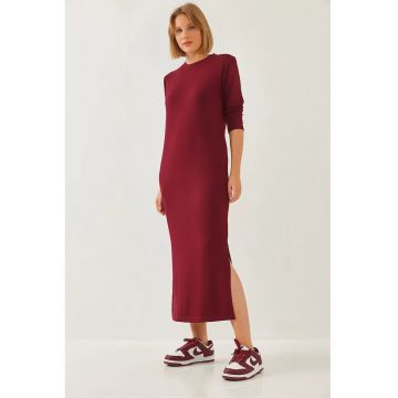 Rochie Midi -  cu maneca lunga - decolteu rotund - rosu burgundi - jerseu - Rosu Burgund -