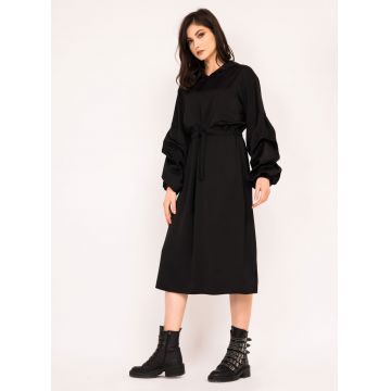 Rochie midi cu maneci bufante si snur in talie