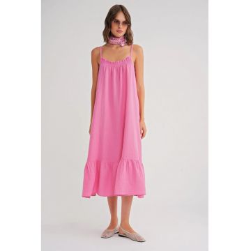 Rochie Midi  cu volan - roz pudrat - textil