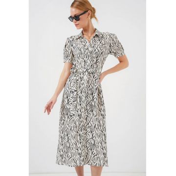 Rochie midi dama HiCCUP - imprimeu floral - viscoza - alb/negru