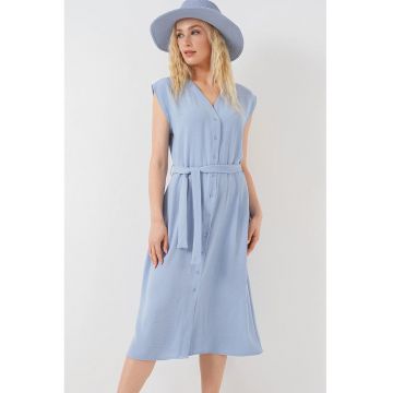 Rochie midi dama - poliester/elastan - HiCCUP - decolteu in V - albastru