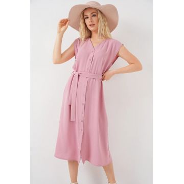 Rochie midi dama - poliester/elastan - HiCCUP - decolteu V - roz