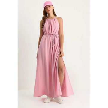 Rochie midi -  decolteu halter - roz pudrat - poliester si lycra