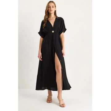 Rochie midi  decolteu in V - neagra - textil