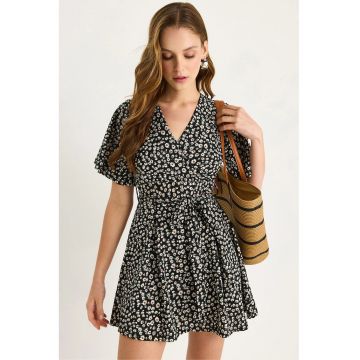 Rochie midi -  decolteu in V - negru - bumbac-lycra