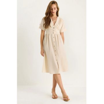 Rochie midi -  decolteu in V - textil - bej