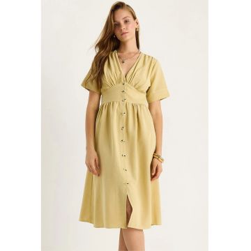 Rochie midi -  decolteu in V - textil - galben