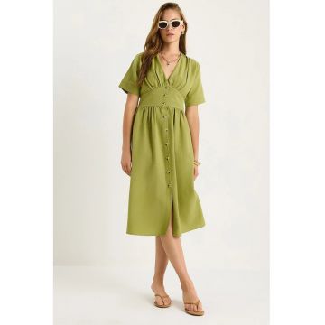 Rochie midi -  decolteu in V - textil - verde lime