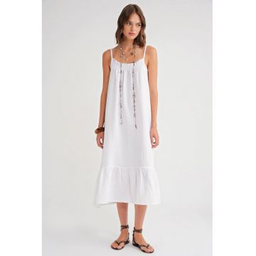Rochie midi  din muselina cu detaliu volan - alb