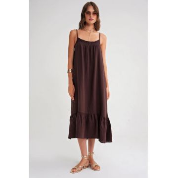 Rochie midi  din muselina - maro - textil