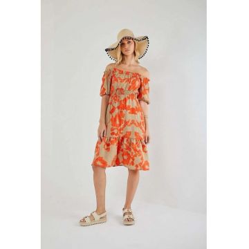 Rochie midi -  florala cu volane - portocalie - textil
