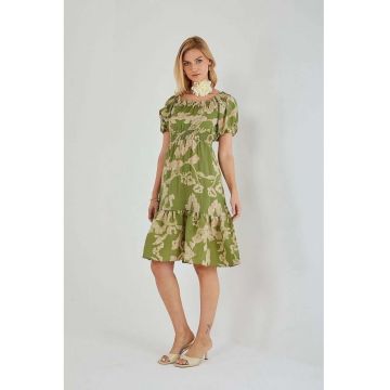 Rochie midi -  florala - verde - textil