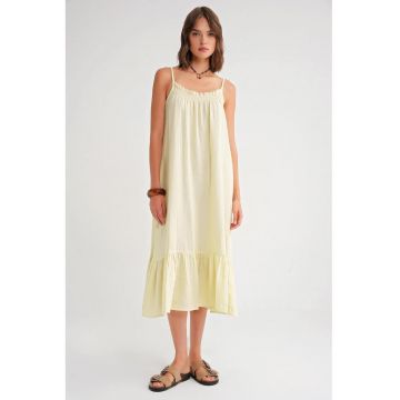 Rochie Midi  Galben - Textil - cu Detaliu Volane