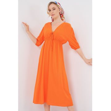 Rochie midi HiCCUP - croiala in A - decolteu in V - mandarina - textil