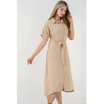Rochie midi HiCCUP texturata cu guler camasa si buzunare - bej - poliester-elastan