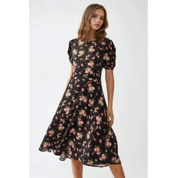 Rochie midi -  imprimeu floral - guler rotund - multicolor - jerseu