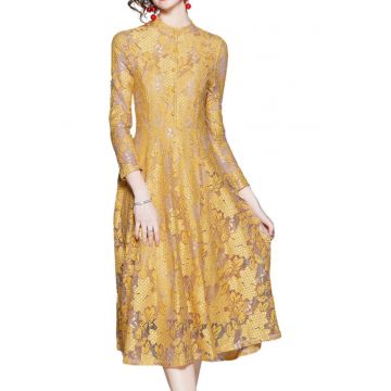 Rochie midi - Kamilan - galben - dantela - flori - 100% poliester -