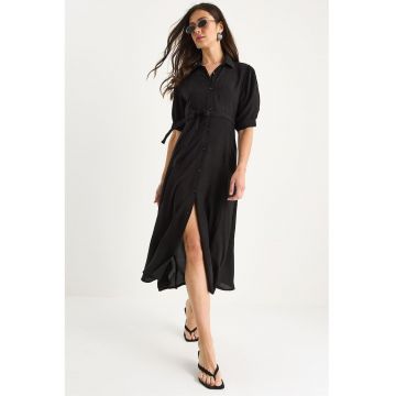 Rochie midi  LUCCI - inchidere cu nasturi - guler camasa - negru - textil
