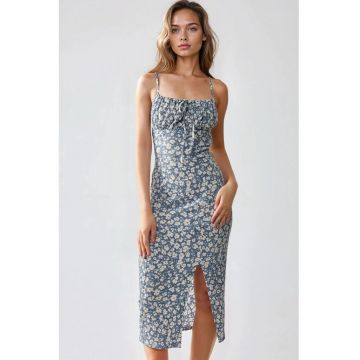 Rochie midi mulata  imprimeu floral - crapatura - albastru - jerseu