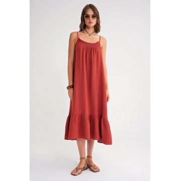 Rochie Midi  rosu caramiziu - detalii volane - material textil