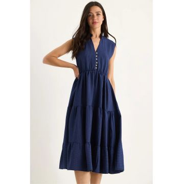 Rochie midi -  texturata cu dungi - decolteu in V - detalii cu volane - bleumarin - viscoza -