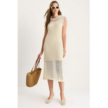 Rochie midi -  texturata - cu volane - ecru - tul -