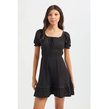 Rochie mini -  cu maneca - nod in fata - neagra - textil