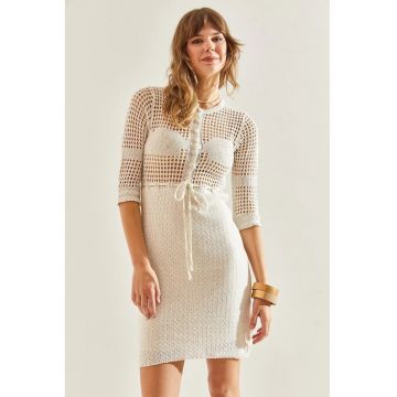 Rochie mini mulata  cu funda si dantela - bej - bumbac -