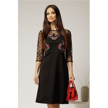 Rochie Naomi neagra cu broderie pe bust si maneci din tull cu buline
