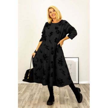 Rochie A-line cu flori embosate si catifelate, din jerseu de bumbac negre