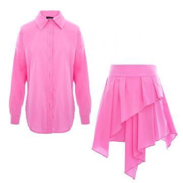Rochie-cămașă roz aprins cu fustă asimetrică cu volane
