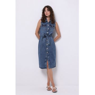 Rochie-camasa din denim cu cordon in talie