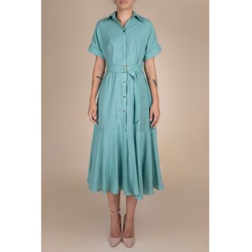 Rochie-camasa midi - cu volan si cordon Pearl Aqua