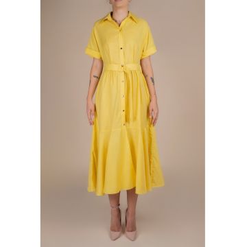 Rochie-camasa midi cu volane si cordon in talie