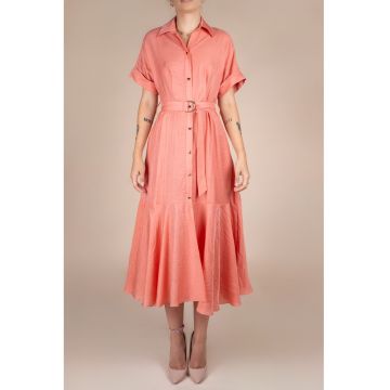 Rochie-camasa midi cu volane si cordon in talie