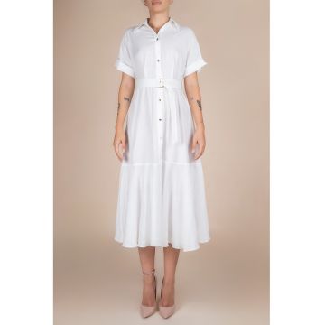 Rochie-camasa midi cu volane si cordon in talie