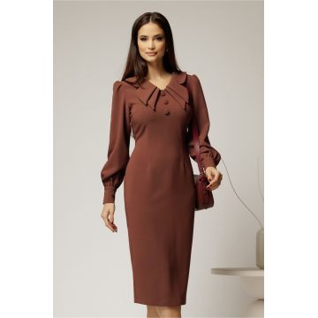 Rochie conica maro cu nasturi pe bust si guler dublu